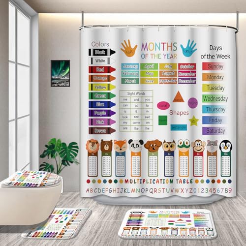 GRIEKOWE 4 Pcs Educational Kids Shower Curtain Set with Non-Slip
