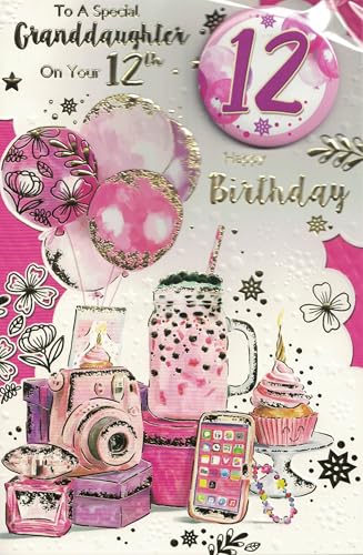Tarjeta de cumpleaños número 12 con insignia para nieta, diseño especial de purpurina con globos, cupcakes y regalos, tarjeta de felicitación de cumpleaños de 12 años para niñas