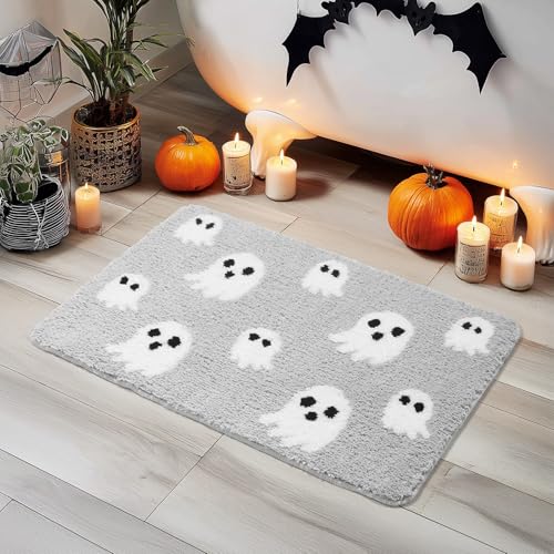 Gray Halloween Bath Mat – Cute Ghost Decor Mat Non-Slip Light Gray Bathroom Rug Soft Spooky Bath Rug for Shower, Bedroom, Living Room