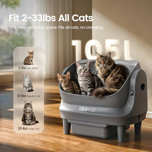 Image of Self Cleaning Litter Box, Open Top 105L Automatic Litter Box for Multiple Cats, App Control, Safety Sensor, Anti-Pinch, Includes Mat & Liner - Gray