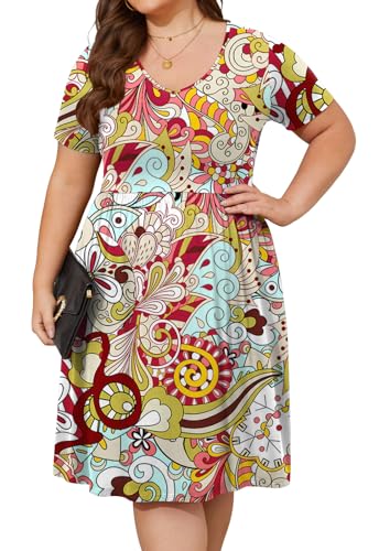 Image of DB MOON Women Plus Size Dresses 2026 Summer Casual V Neck Short Sleeve Knee Length Dress with Pockets
