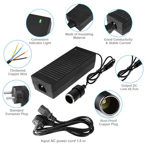 HNCY Spannungswandler 230V auf 12V, KFZ Netzadapter 15A 180W, Adapter 12v auf 230v AC/DC, Adapter Zigarettenanzünder Steckdose für Kühlbox, Autoventilator, Reifenfüller, Autokühlschrank (12V 15A)