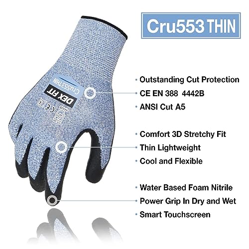 DEX FIT 15-Gauge Level 4 Cut Resistant Gloves Cru553 Thin, 3D Comfort Ultra Soft, High-Dexterity for Precision Feel Blue Large 1 Pair - Image 2
