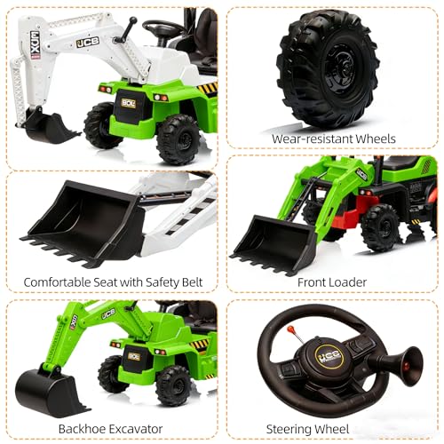 Image of 12V Ride on Excavator with Trailer & Front Loader Outdoor Gift for Boys Girls with 4-in-1 Construction Attachments (Excavator, Dump Truck Bulldozer), Tractor Remote Control Green