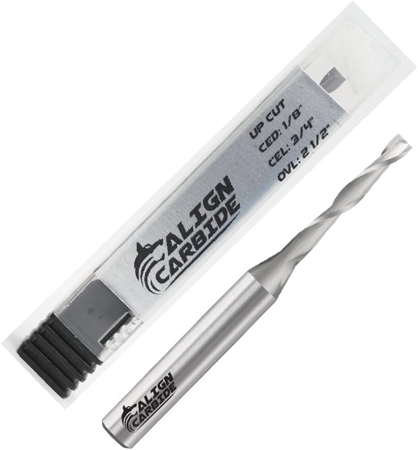 Align Carbide, UP Cut Router Bit, 1/8 Inch Cutting Diameter, 1/4 Inch Shank, Premium Solid Micro Grain Carbide, Spiral Plunge, 2 Flute, Flat Cutting Face, CNC Router Pro-Series.