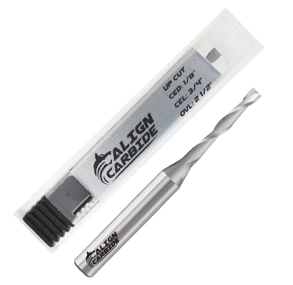 Align Carbide, UP Cut Router Bit, 1/8 Inch Cutting Diameter, 1/4 Inch Shank, Premium Solid Micro Grain Carbide, Spiral Plunge, 2 Flute, Flat Cutting Face, CNC Router Pro-Series.