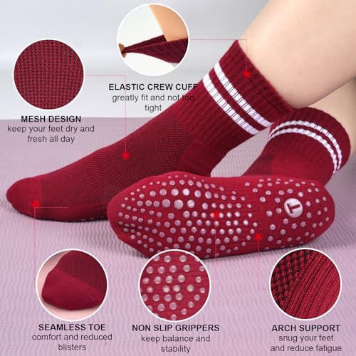 Image of Toes Home Pilates Socks for Women with Non Slip Grippers, Yoga Crew Socks for Barre Hospital Sticky Slipper Socks 4 Pairs