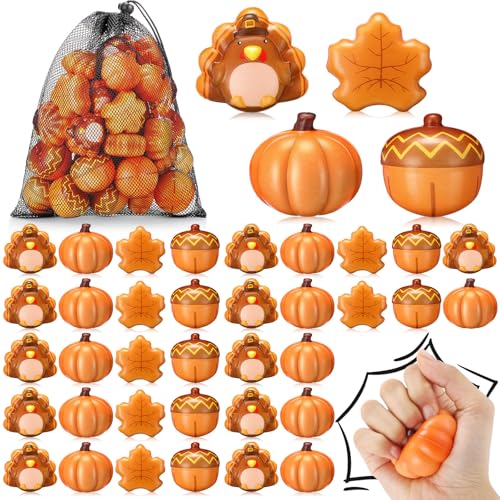 HyDren 24 Pcs Fall Party Favors Thanksgiving Stress Balls Bulk Toys Fall Gift, 2' Pumpkin Turkey Acorns Maple Leaf Stress Relief Ball with Storage Bag for Festival Basket Stuffer Filler Prize Reward