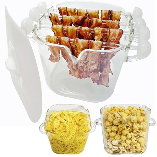 Glass Microwave Bacon Cooker, Microwave Popcorn Popper, 100oz Glass jar with Silicone Lid, Ramen...