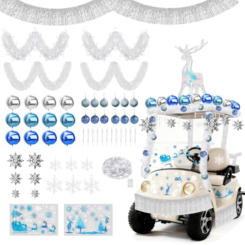 Yibobo 58 Pcs Christmas Golf Cart Decorations Kit, Winter Theme Parade Decor With String Light, Snowflakes, Icicle Pendants, Foil Balloons And Static Stickers For Party, Outdoor Holiday Decor