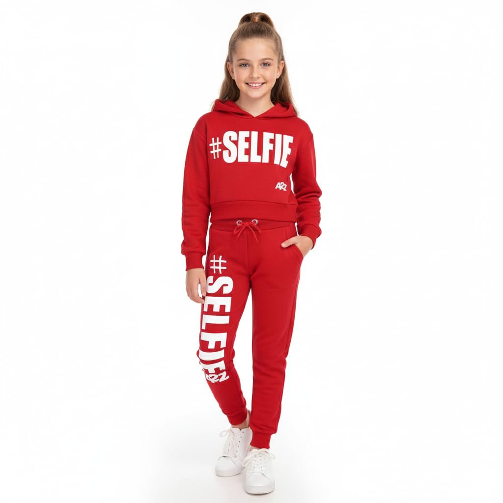 A2z 4 Kids Girls Red Tracksuit Hoodie Sweatshirt Top Bottoms Comfortable - T.s Crop Selfie 11-12
