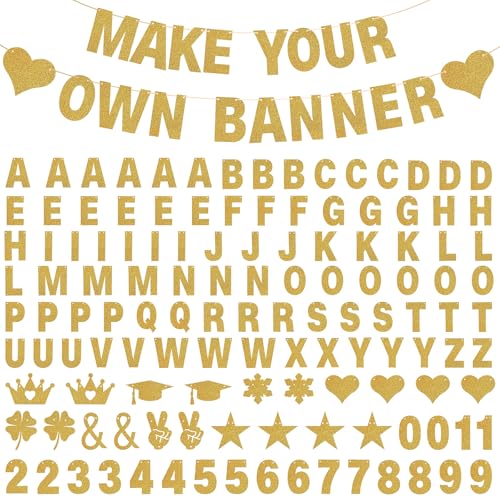 GIFOHAPY 133PCS DIY Banner Kit with Letters Symbols Make Your Own Banner Personalized Gold Banner Custom Party Banner for Birthday/Graduation/Thanksgiving/Halloween/Valentines Day/Retirement (Gold)