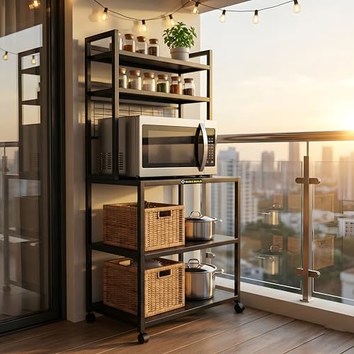 Image of Heavy Duty Metal Microwave Oven Stand with Storage Shelves & Hooks | Multi-Tier Kitchen Rack with Wheels | Organizer for Oven & Appliances (MS 5 Black)