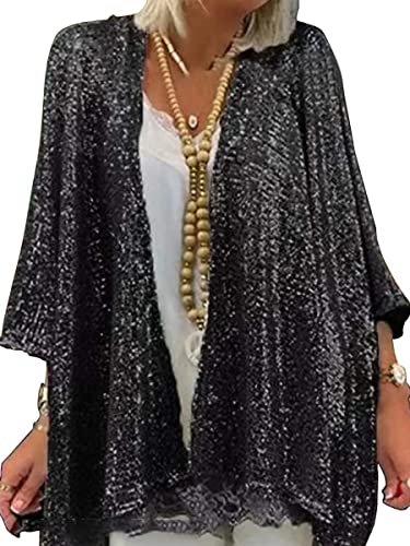 Women's Sequin Open Front Blazer Long Sleeve Cardigan Jacket Shiny plus size