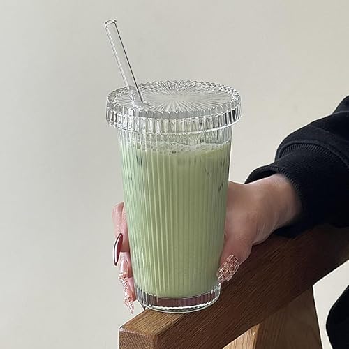 FLYILIA タンブラーグラス ストロー付き 蓋付き 370ml 4種類 ストライプ模様 ガラスコップ ハイボールグラス コーヒーグラス ウォーターグラス ほこり防止 お洒落 シンプル インスタ映え ティーブレイク 朝食 オフィス用 日常使い 飲み物 男