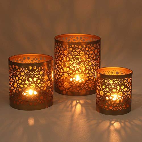 Casa Moro Marokkanische Windlichter 3er Set Navin aus Metall in Antik-Gold Look | 3 runde Kerzenhalter | Orientalische… – Bild 4