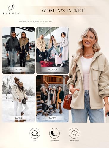 SHEWIN Jackets for Women Casual Long Sleeve Drawstring Fuzzy Sherpa Hooded Zip Up Jacket Coats With Pockets4