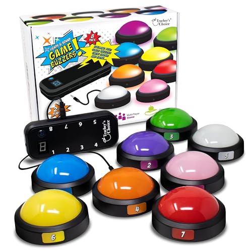 Image of Teacher's Choice Light Up Game Buzzer System, Displays The Winning Player Loud, Unique Sounds for Each Buzzer, Great for Trivia Games, Family Feud, Jeopardy (8 Pack)