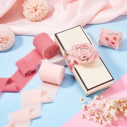 Ruban mousseline de soie rose imprimé à franges artisanales pour créations de luxe