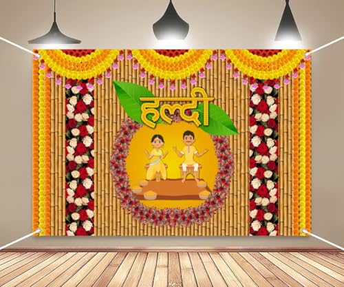 Image of DARSHANAM WORLD Wedding Decorative Cloth for Haldi & Mehndi Ceremony, Photoshoot, Haldi Background Enhancer for Mehndi Ceremony (8x5 ft, 3D Printed Backdrop with Floral & Logo Design) (Multicolor)