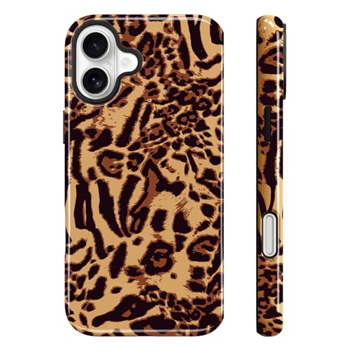 Image of Magnetic for iPhone 16 Case for Women Men, Brown Leopard | Cute Cheetah Pattern Design [Compatible with MagSafe] 2-Layer Hybrid Shockproof Glossy Protective Cover