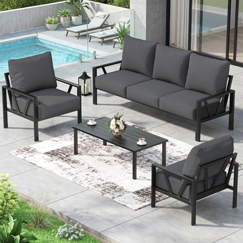 Outdoor Patio Furniture Set, 4 Pieces Metal Patio Furniture Set with Coffee Table, Modern Outdoor Patio Conversation Seating Set, Grey 6pcs Conversati