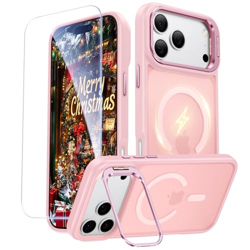 Image of for iPhone 17 Pro Case with Stash Lens Stand and 9H Screen Protector, Compatible with MagSafe, Military-Grade Drop Protection Magnetic Phone Case for iPhone 17 Pro, 360 Full Protection, Pink
