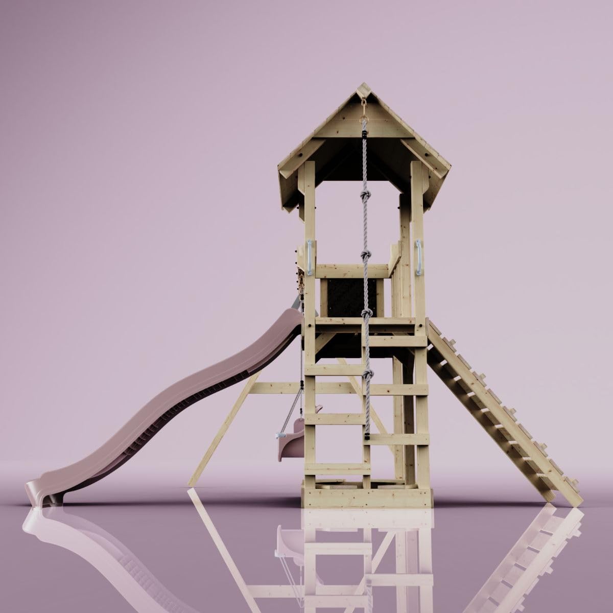 Rebo Spielturm mit Wellenrutsche und 2X Kinder-Schaukel, Outdoor Klettergerüst Garten mit Plattform,Altrosa