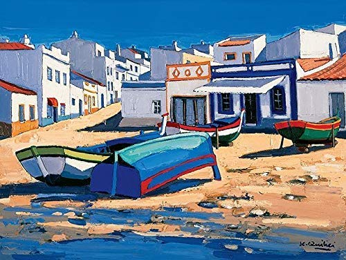 Rahmen-Kunst Toile sur Cadre  Jean-Claude Quilici : Barques sur la Plage D' Alvor Image Toile Port Bateaux Provence Cote D'Azur - 40x50