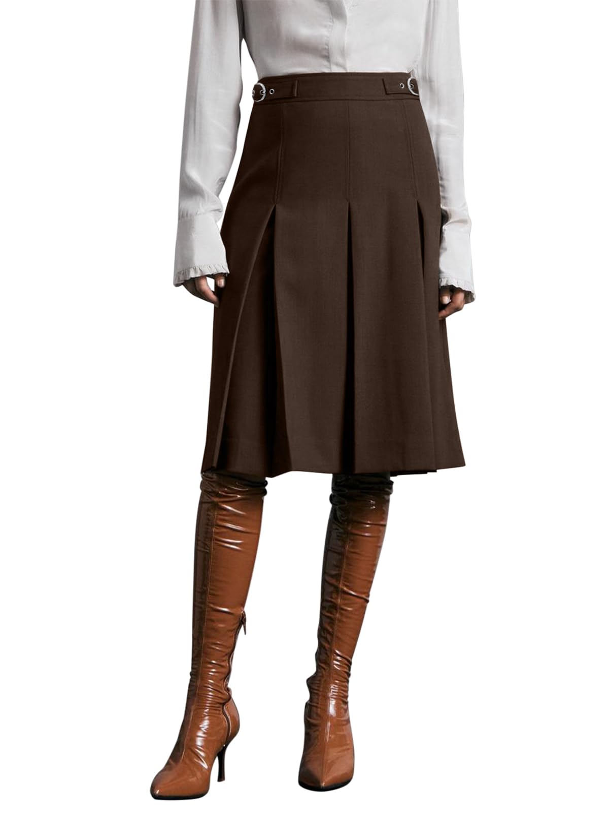 REORIA Damen Knielanger Rock Dicker Faltenrock Hohe Taille Midi Rock Elegant Volltonfarben Röcke