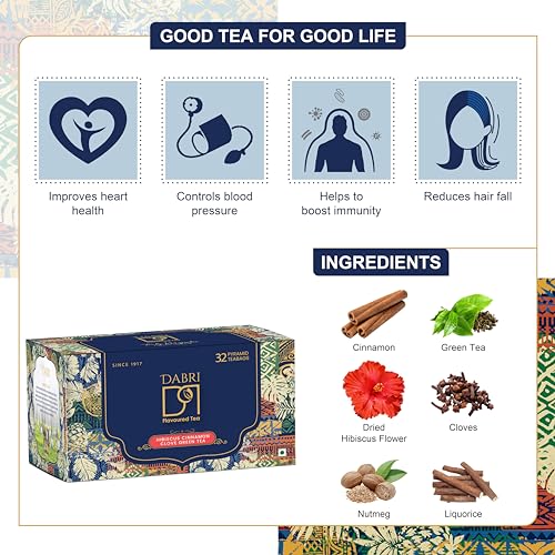 Image of Dabri Hibiscus Green Tea 32 Pyramid Dip Tea Bags with Premium Loose Leaf Blend with Cinnamon, Clove & Green Tea |Pure Natural Hibiscus tea leaves & Spices |Supports Weight Management, Hair Regrowth