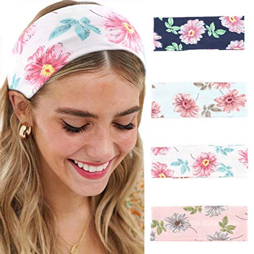 Obmyec Boho Floral Headbands Yoga Wide Knot Hairbands Casual Thick Headwraps Workout Stretch Hair Accessories for Women and Girls (4pcs)