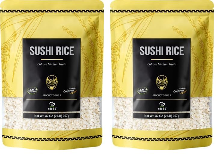 Soeos Arroz de sushi premium, arroz calrose, grano medio, arroz pegajoso blanco, 2 libras (paquete de 2)