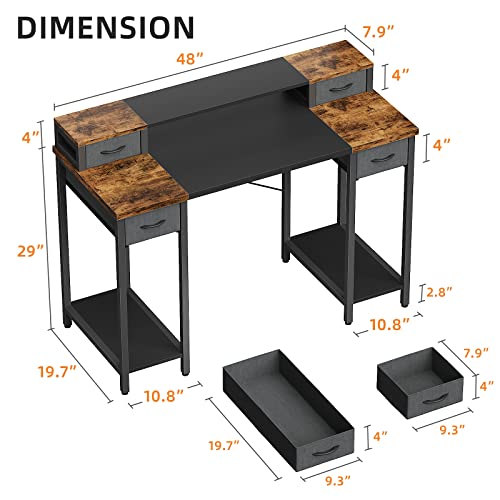 Yaohuoo Computer Desk With Dual Monitor Stands - 48'' Office Desk Writing Desk With 4 Drawers And Keyboard Storage, Work Desk With Dual Pc Mainframe Shelves For Storage (Rustic Brown, 48) #TOP2