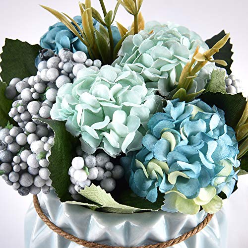 Artflower Artificial Hydrangea Bouquet With Small Ceramic Vase Fake Hydrangea Flower Potted Artificial Fake Variety Silk Flower Bonsai For Home Office Party Festival Wedding Table Decor(Blue) #TOP6