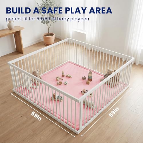 Image of Huloo Sleep Ultra Soft Baby Play Mat for Floor, 1.3 inch Thick Elasti-Foam 59x59 Play Mat for Playpen,Water-Repellent Coral Velvet for Tummy Time, Non-Slip Backing,Safe for Toddlers & Infants(Pink)