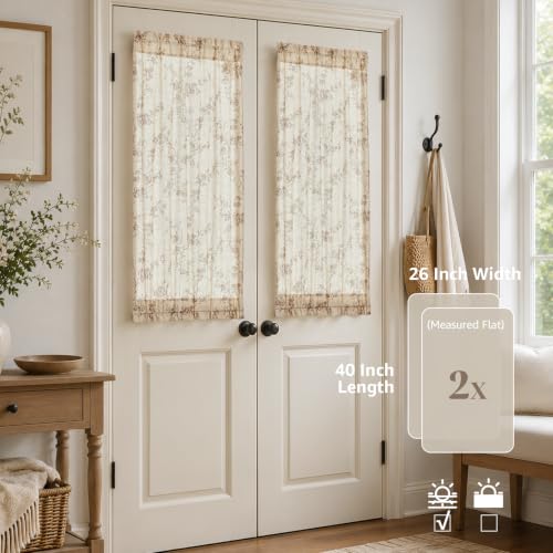 Image of jinchan Taupe Linen Floral French Door Curtains 40 Inch Rod Pocket 2 Panels