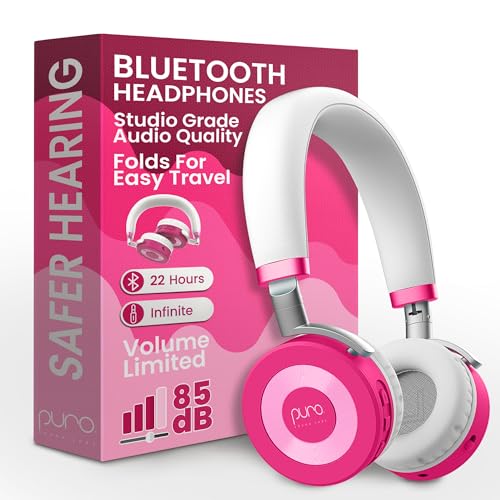 Puro Sound Labs JuniorJam Plus Volume Limiting Headphones for Kids, Safer Audio to Protect Hearing- Adjustable Bluetooth Headphones for Tablets, Smartphones, PCs- 22-Hour Battery Life, Pink