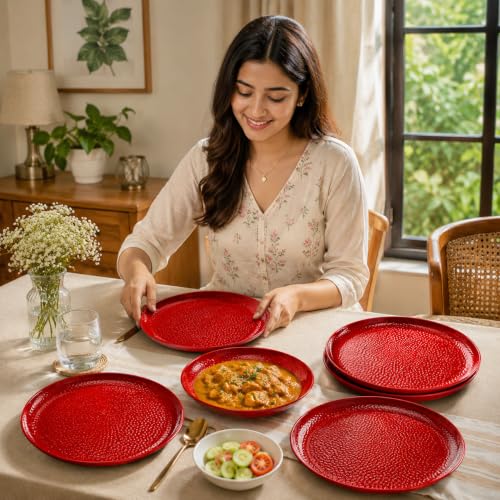 Image of MARKET 99 Melamine Small Plates Set of 6 Red Hammered Design | Round Quarter Plates for Kitchen Dining Tableware | Lightweight Durable Side Plates for Breakfast Lunch Dinner, Party, & Serving