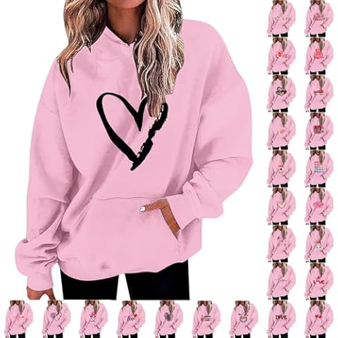 DOLKFU Valentines Sweatshirts for Women Trendy Love Heart Grahic Hoodies Long Sleeve Loose Casual Sweatshirt with Pockets valentines day sweatshirt women valentine sweater for women Pink XXL Cover