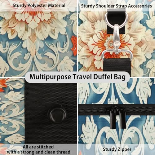Travel Duffle Bag Orange Floral Pattern Foldable Travel Bags for Men Women, 17 Inch Gym Bag Workout Bag Carry on Weekender Overnight Bag for Gym Travel3