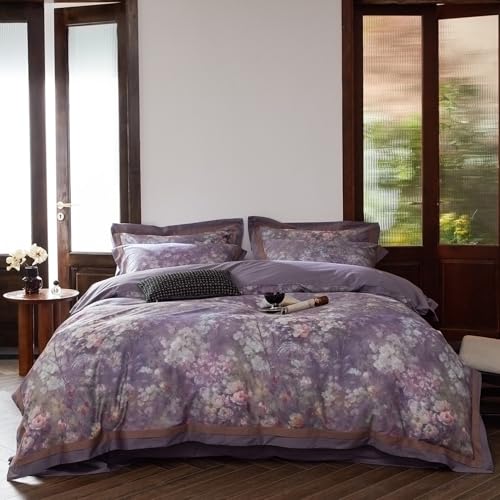 VM VOUGEMARKET Garden Flower Bedding Set King Smooth Long Staple Cotton Duvet Cover with Purple Floral Pattern Vintage Cottage Botanical Comforter Cover for Spring Summer