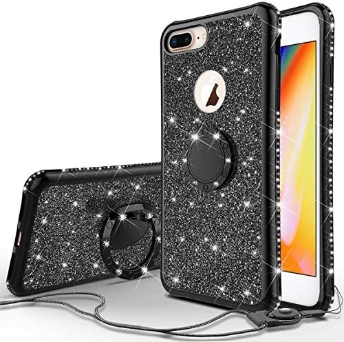 Galaxy Wireless iPhone 8 Plus Case,iPhone 7 Plus Case, Glitter Phone Case Ring Kickstand Bling Diamond Rhinestone Clear Bumper Sparkly Girls Women for Compatible for Apple iPhone 7/8 Plus - Black