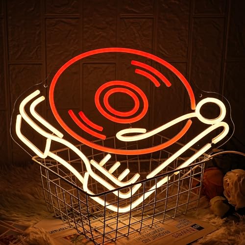 Image of Record Player Neon Sign Retro Red Warm Music Record Neon Light Neon Signs for Studio Decor Live Art Neon Light Sign for Bedroom Beer Bar Decoration
