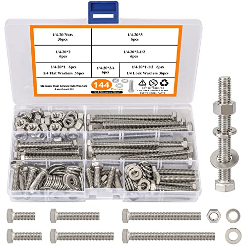 144PCS 1/4-20 Hex Bolts and Nuts Kit, Stainless Steel 1/4" Nuts and Bolts Assortment Kit, Flat &amp; Lock Washers Set Screw Assortment Kit, Machine Screws Set