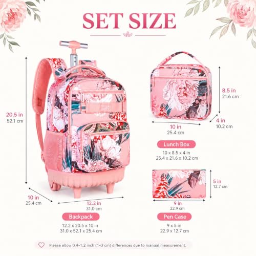 Image of 3Pcs Rolling Backpack for Girls Women, Travel Roller Backpacks with Wheels for Adults, Teens College Folwer Wheeled Bookbag with Lunch Box(Pink)