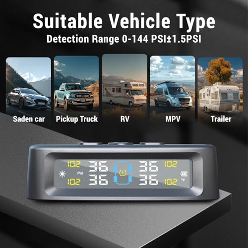 RV Tire Pressure Monitoring System, 4-Wheel Real Time Wireless TPMS for Cars, SUVs & Light Trucks (0-6 BAR, 0-87 PSI, Solar/USB Charging) with 10 Tire Repair Rubber Nails ±0.1 BAR - Image 4