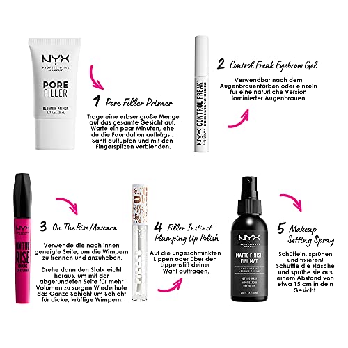 NYX Professional Makeup Veganistische formule met Pore Filler Primer, Control Freak wenkbrauwgel, On the Rise mascara, Filler Instinct navulbare lipgloss en make-up-instellingsspray, 5-delig - Image 6