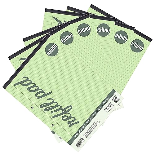 RHINO A4 Refill Pad, Writing Pad, 100-Page / 8mm Lined with Margin, 6-Pack, Green Lined Writing Paper for Dyslexia & SEN, Office & School Stationery Supplies