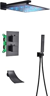 LED Shower System Thermostatic Concealed Faucet Black Combo Set with Handheld Sprayer and Square Rain Head, Waterfall Tub Spout and Trim Kit,Type b,10 Inches(Type a,12 Inches)
